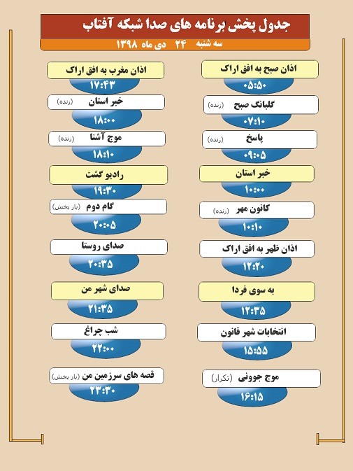 برنامه&zwnj;های سیمای شبکه آفتاب در بیست و چهارم دیماه ۹۸