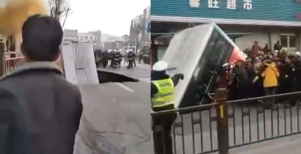 لحظه وحشتناک بلعیده شدن اتوبوس شهری توسط گودال عمیق