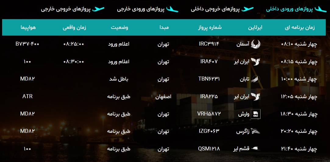 جدول پرواز&zwnj;های فرودگاه بوشهر در ۲۵ دی ۹۸