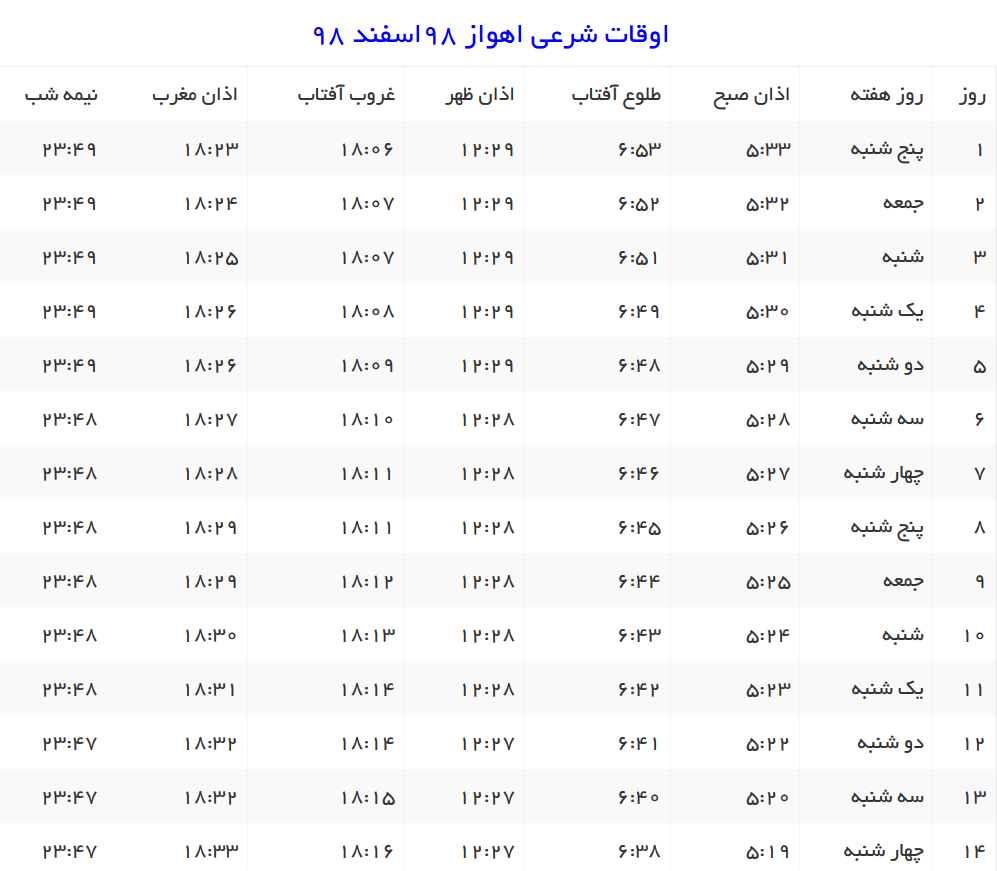 اوقات شرعی اسفند ماه ۱۳۹۸ به افق اهواز