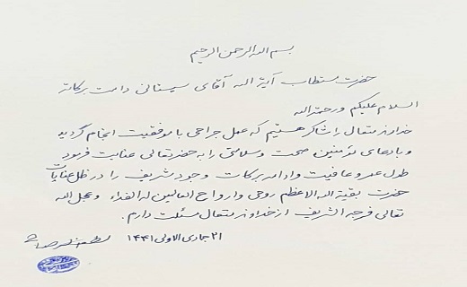 آیت الله صافی گلپایگانی برای سلامتی آیت الله سیستانی دعا کرد