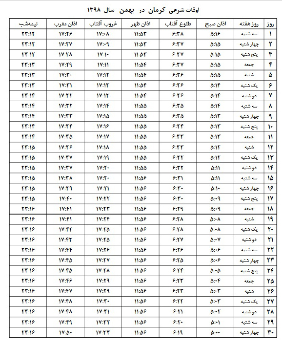 اوقات شرعی بهمن ۱۳۹۸ استان کرمان