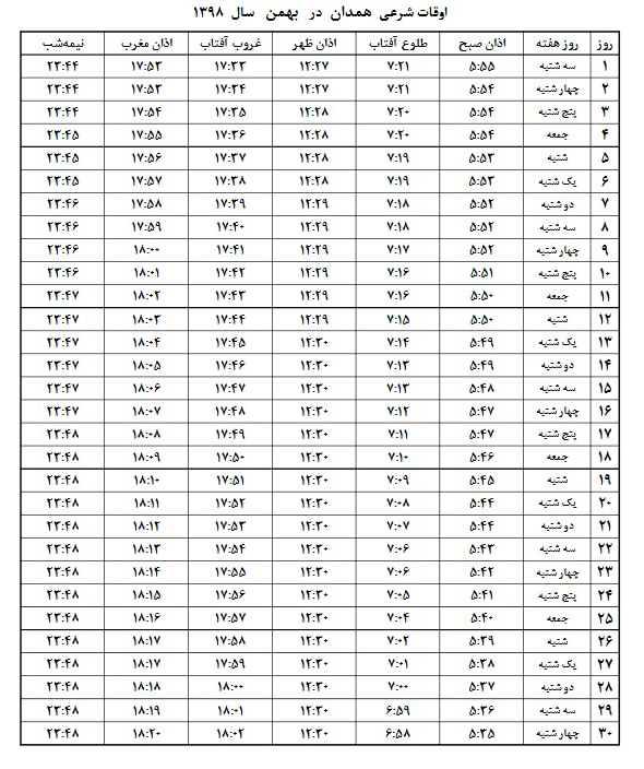 اوقات شرعی بهمن ۱۳۹۸ استان همدان