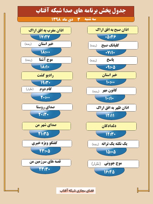 برنامه&zwnj;های صدای شبکه آفتاب در سوم دیماه ۹۸