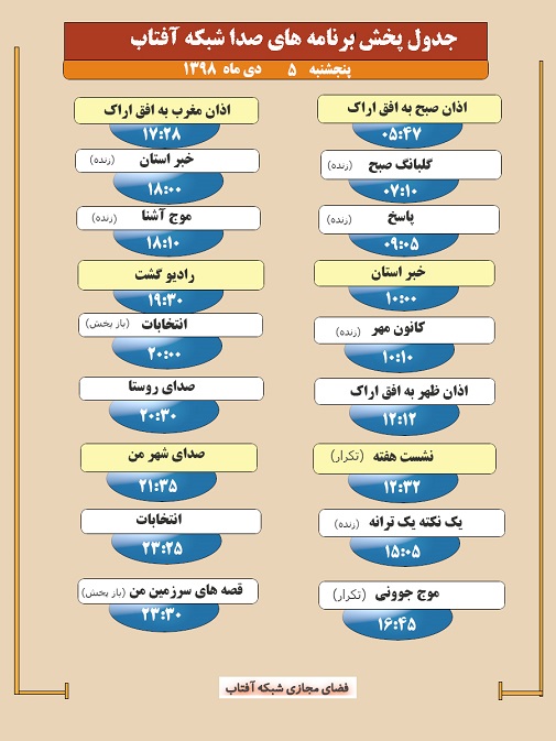 برنامه&zwnj;های صدای شبکه آفتاب در سوم دیماه ۹۸