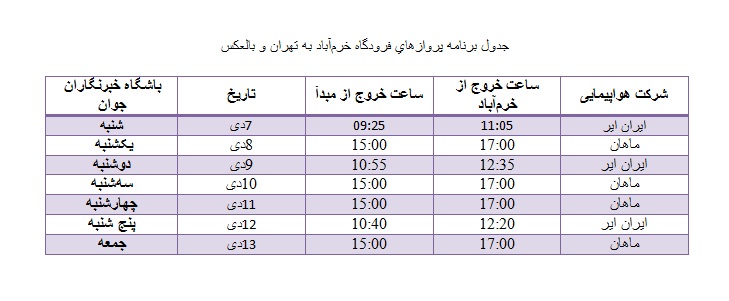 برنامه پرواز‌های فرودگاه خرم‌آباد از ۷ تا ۱۳ دی ماه