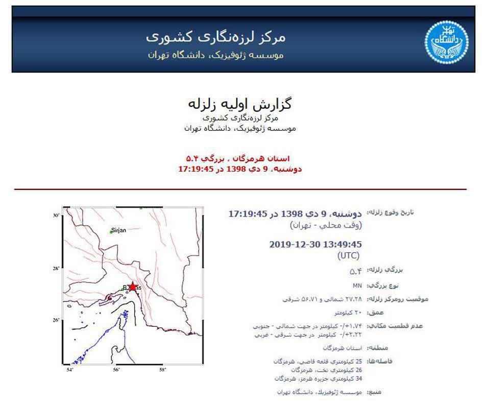 زلزله ۵.۴ ریشتری هرمزگان را لرزاند