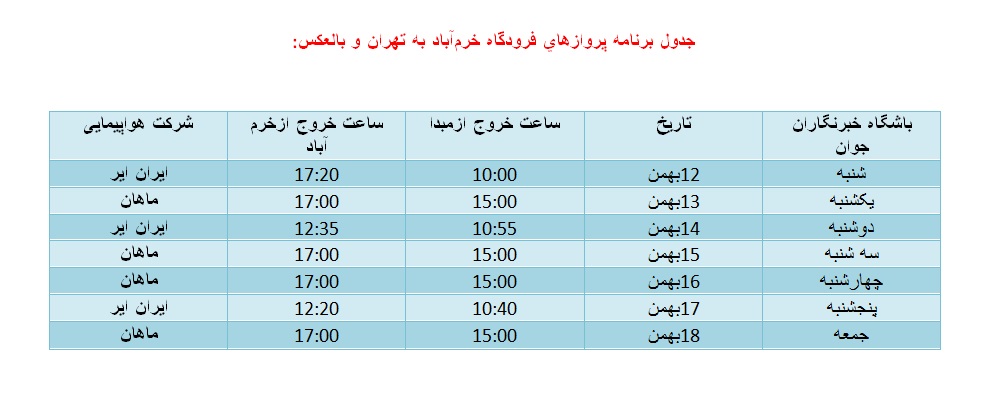 برنامه پرواز‌های فرودگاه خرم‌آباد به تهران و مشهد از ۱۲ تا ۱۸ بهمن ماه ۹۸
