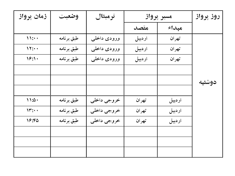 پرواز&zwnj;های فرودگاه اردبیل دوشنبه ۲۱ بهمن ماه