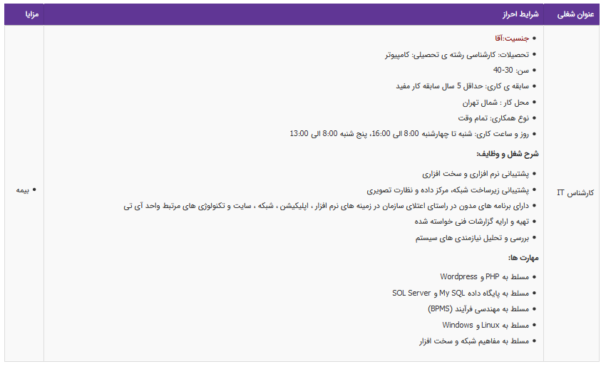 استخدام کارشناس IT در تهران