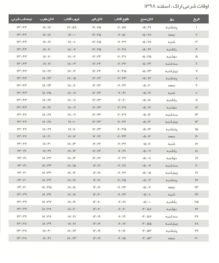 اوقات شرعی اسفند ۱۳۹۸ به افق اراک