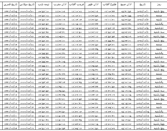 اوقات شرعی اسفند ماه ۹۸ به افق شرعی ایلام