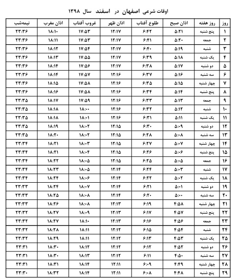 اوقات شرعی اصفهان اسفند سال ۹۸
