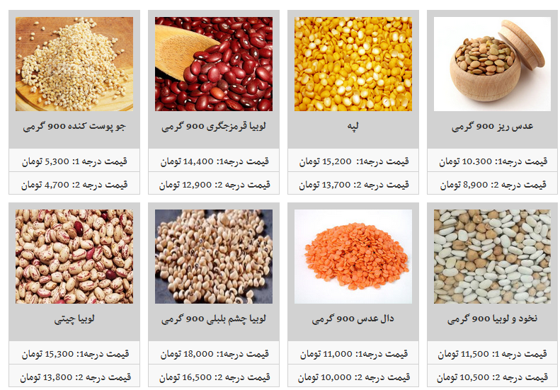 قیمت جدید حبوبات بسته بندی شرکتی