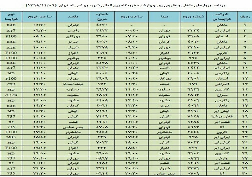 اعلام فهرست ۳۰ پرواز فرودگاه شهید بهشتی اصفهان