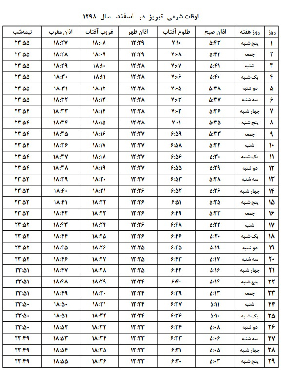 اوقات شرعی تبریز در اسفند ماه ۱۳۹۸