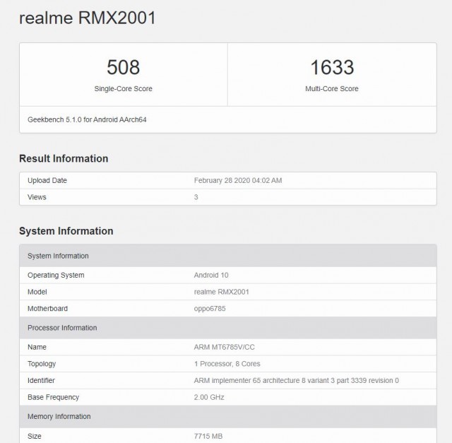 مشخصات به دست آمده از Realme 6 با انتشار نتیجه بنچمارک