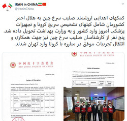 کمکهای اهدایی صلیب سرخ چین به تهران تحویل داده شد
