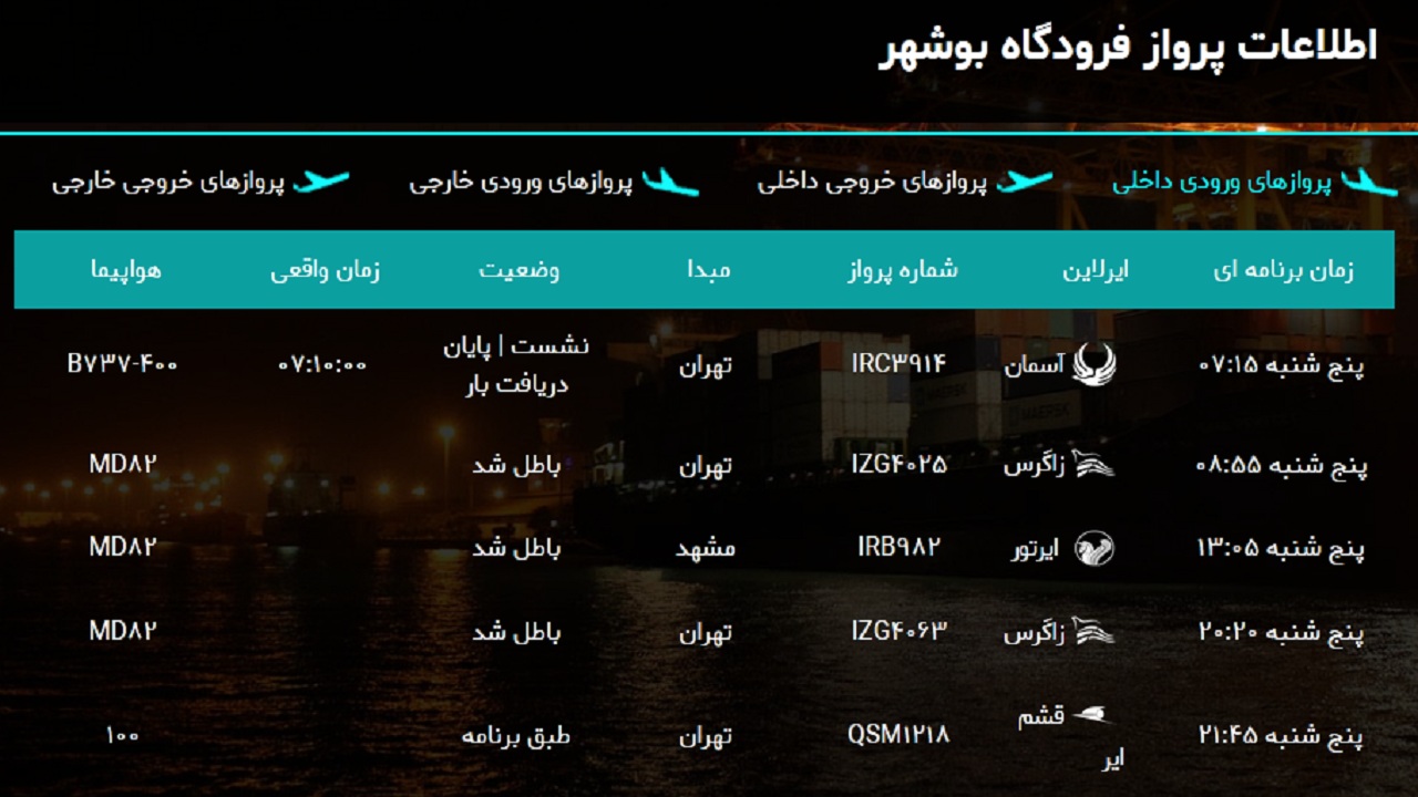 جدول پرواز&zwnj;های فرودگاه بوشهر در ۱۵ اسفند ۹۸/ باطل شدن پروازها ادامه دارد