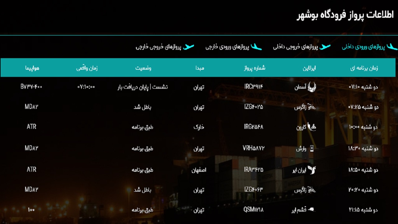 پرواز&zwnj;های فرودگاه بوشهر در ۱۹ اسفند ۹۸