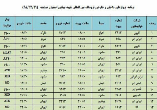 اعلام فهرست ۱۳ پرواز فرودگاه شهید بهشتی اصفهان