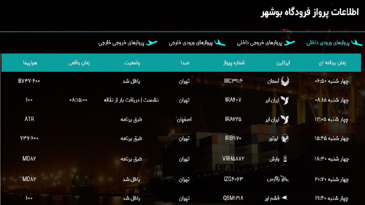 جدول پرواز&zwnj;های فرودگاه بوشهر در ۲۱ اسفند ۹۸ / ادامه باطل شدن پروازها