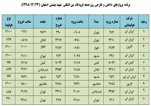 برنامه پرواز&zwnj;های ۲۳ اسفند فرودگاه شهید بهشتی