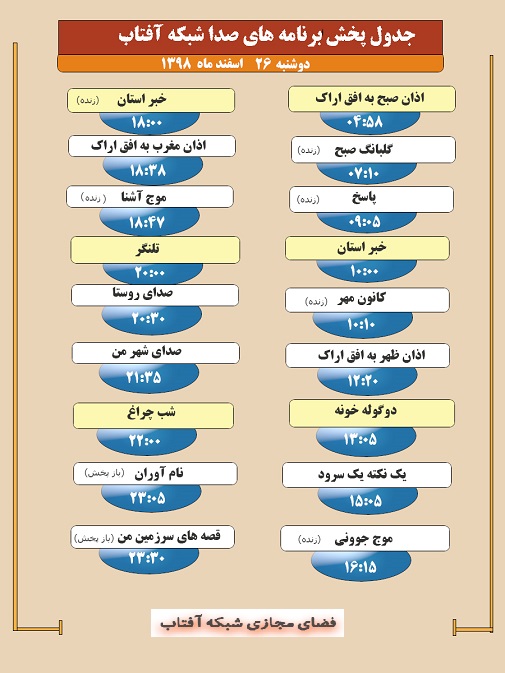 برنامه&zwnj;های صدای شبکه آفتاب در بیست و ششم اسفند ماه ۹۸