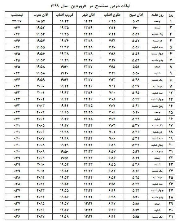 اوقات شرعی فروردین ۱۳۹۹ استان کردستان