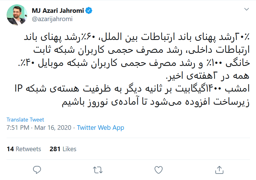 گزارش توییتری وزیر ارتباطات از وضعیت اینترنت کشور در آستانه عید نوروز