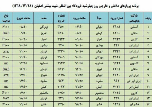 برنامه پرواز&zwnj;های ۲۸ اسفند فرودگاه شهید بهشتی