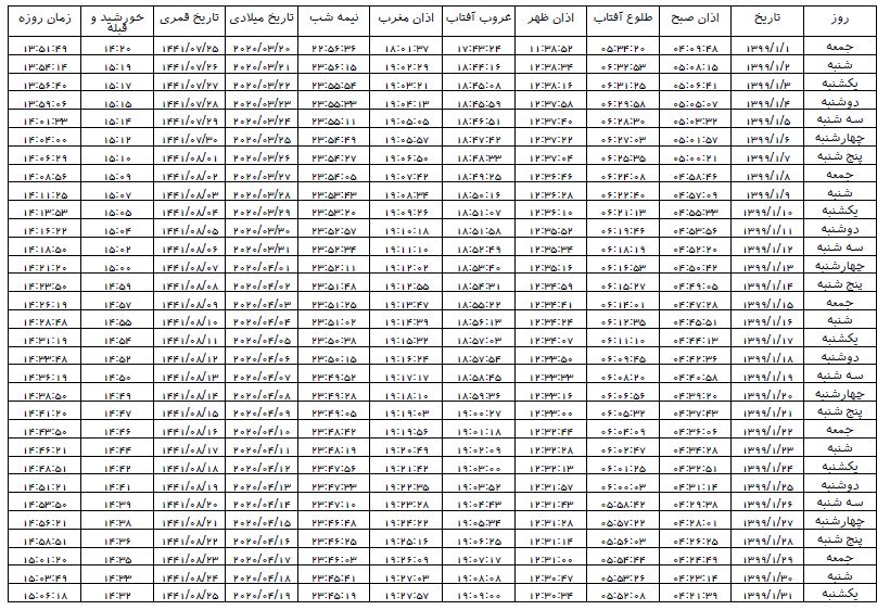 اوقات شرعی مشهد اسفند ماه سال ۹۸