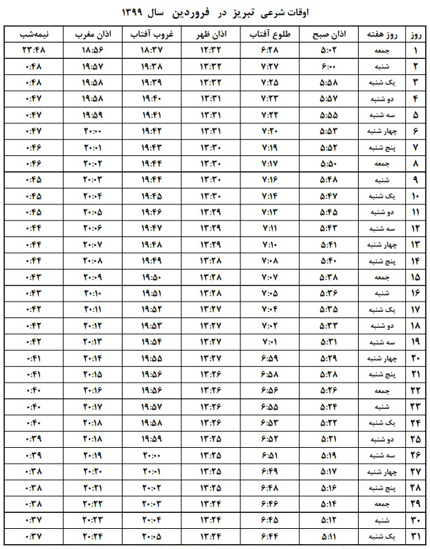 اوقات شرعی تبریز درفروردین ماه ۱۳۹۹