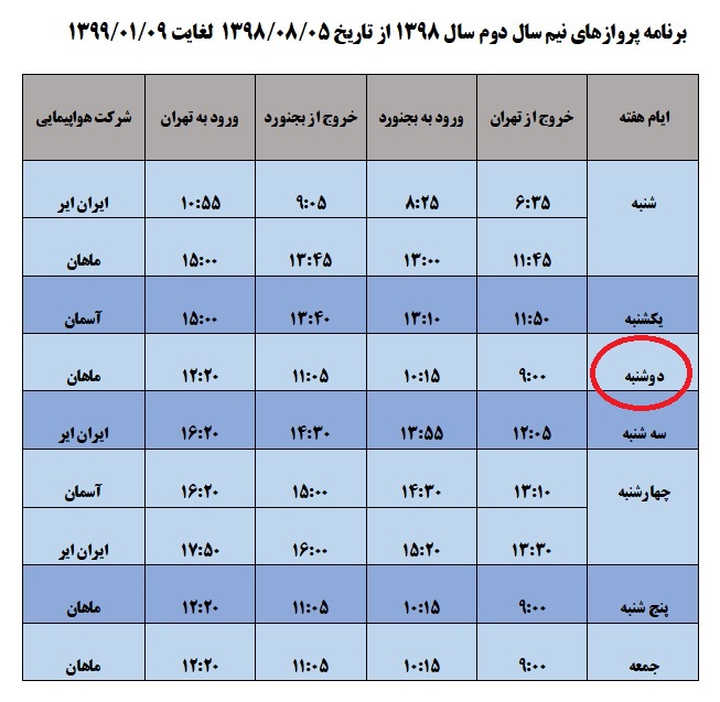 پرواز&zwnj;های دوشنبه ۵ اسفندماه فرودگاه&zwnj; بجنورد
