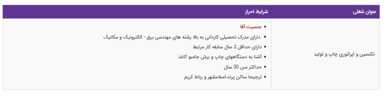 استخدام تکنسین و اپراتوری چاپ و تولید  در یک شرکت معتبر