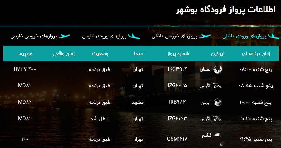 پرواز&zwnj;های فرودگاه بوشهر در ۸ اسفند ۹۸