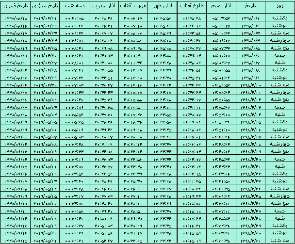 اوقات شرعی به افق مهاباد اردیبهشت ماه ۹۸