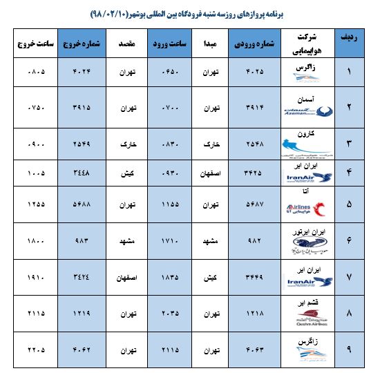 جدول پروازهای فرودگاه بوشهر