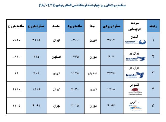جدول پروازهای فرودگاه بوشهر