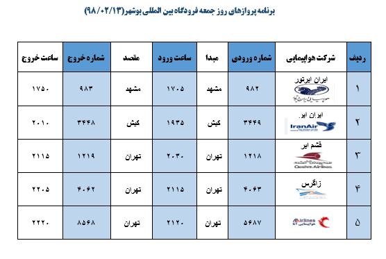 جدول پروازهای فرودگاه بوشهر