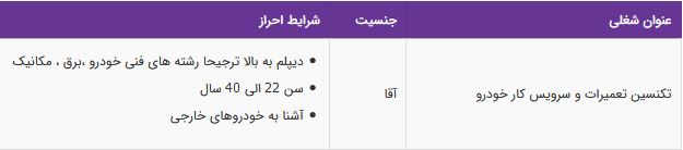 استخدام تکنسین تعمیرات و سرویس کار خودرو آقا در تهران