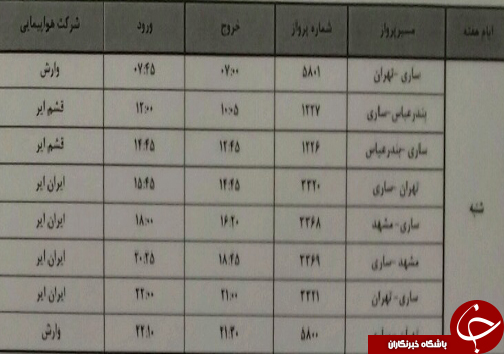 پرواز&zwnj;های شنبه ۱۴ اردیبهشت ماه فرودگاه&zwnj;های مازندران