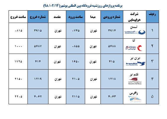 جدول پروازهای فرودگاه بوشهر