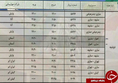 پرواز&zwnj;های دوشنبه ۱۶ اردیبهشت ماه فرودگاه&zwnj;های مازندران