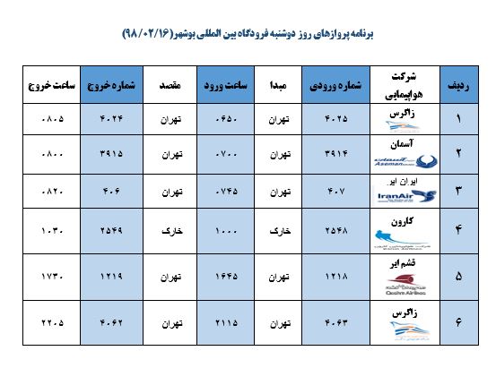 جدول پروازهای فرودگاه بوشهر