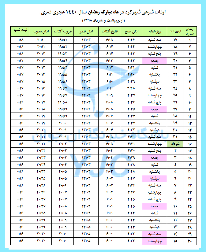 اوقات شرعی شهرکرد در ماه رمضان ۹۸