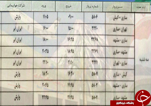 پرواز&zwnj;های سه شنبه ۱۷ اردیبهشت ماه فرودگاه&zwnj;های مازندران