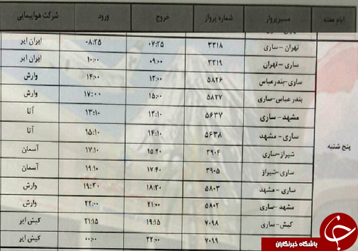پرواز&zwnj;های پنج شنبه ۱۹ اردیبهشت ماه فرودگاه&zwnj;های مازندران