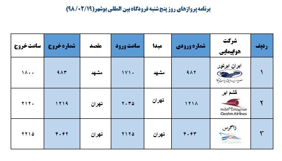 جدول پروازهای فرودگاه بوشهر