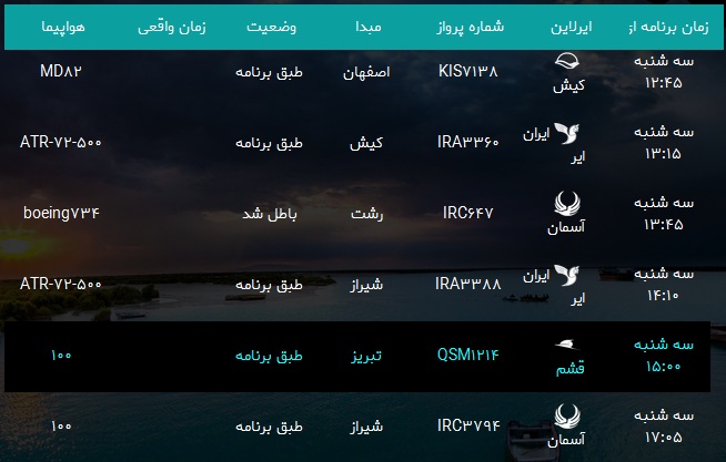 پرواز&zwnj;های فرودگاه بندرعباس دو شنبه ۲ اردیبهشت سال ۹۸